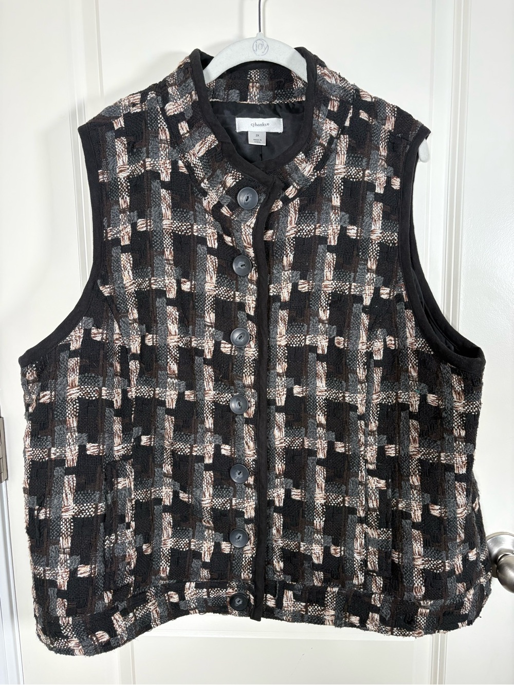 CJ Banks Black Plaid Quilted Button-Front Vest with Cream Accents